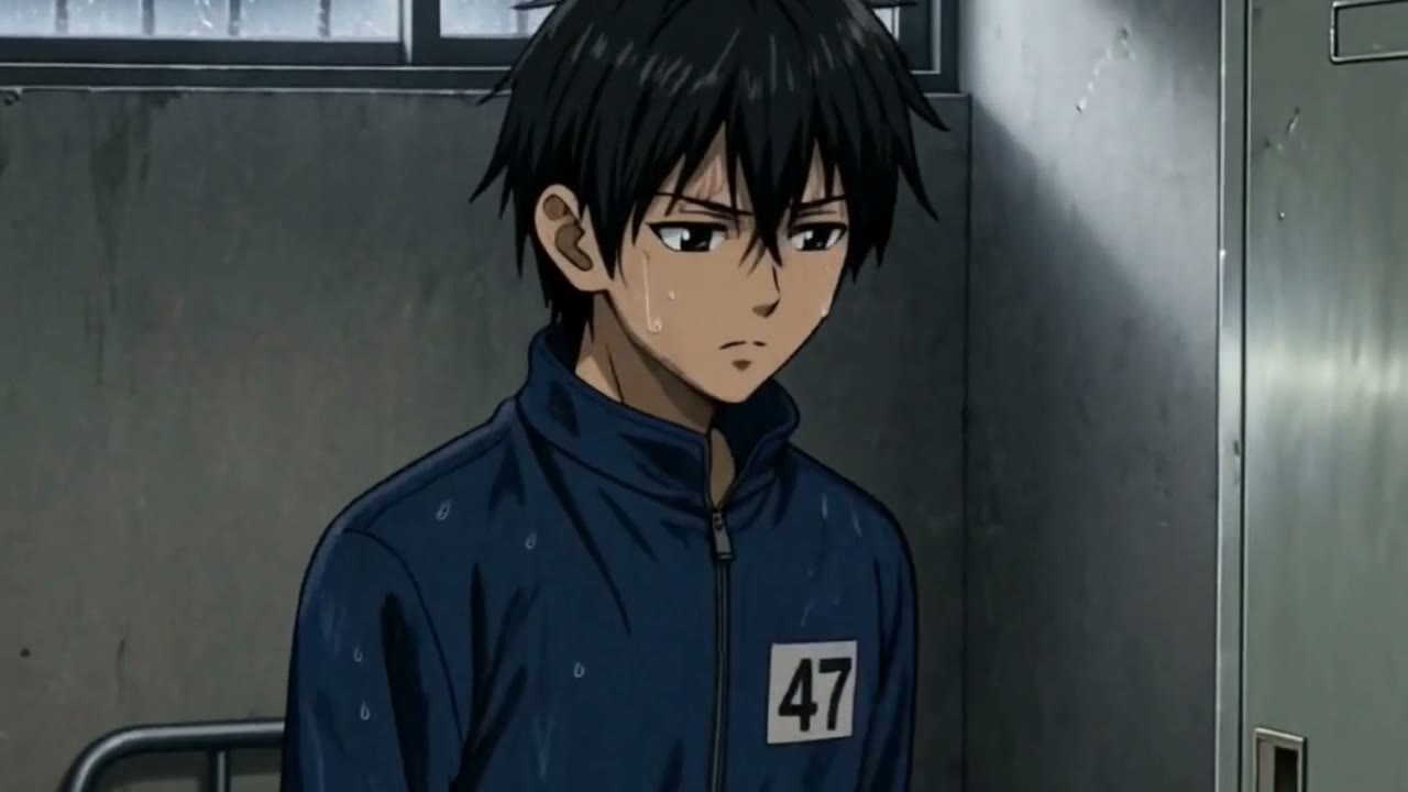 The dark-haired lead wears a blue jacket with number 47 beside metal lockers