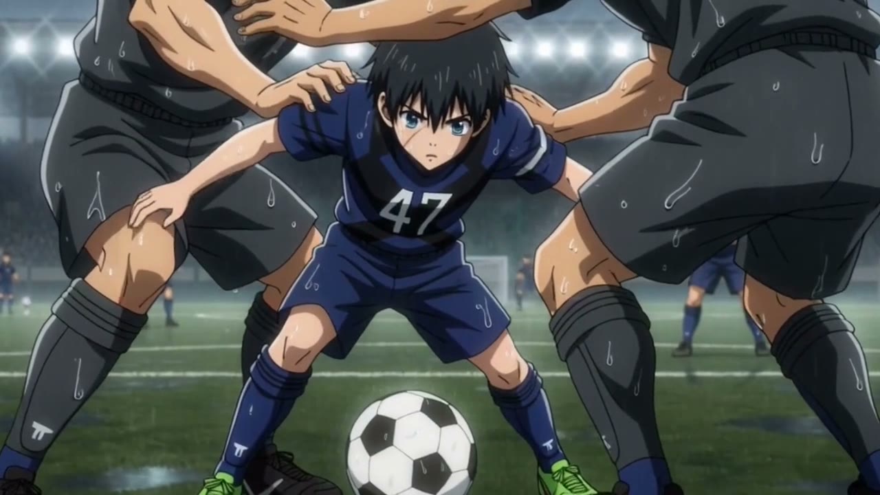 Number 47 controls the football between opposing players
