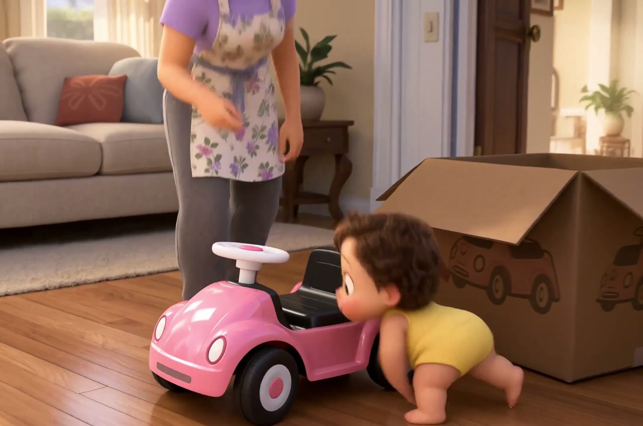 A child pushes a pink toy car across the living room