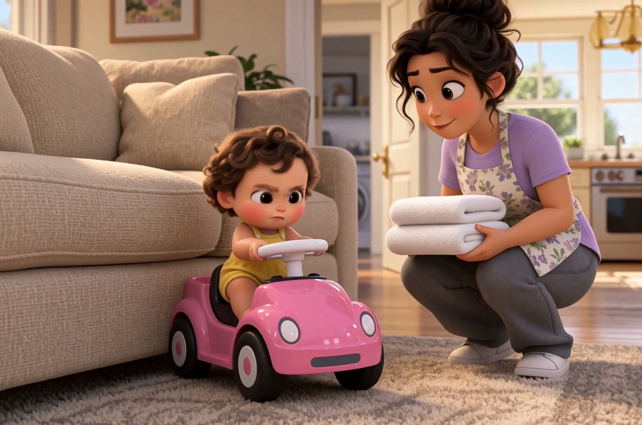 Bella sitting in the toy car as her mother brings towels
