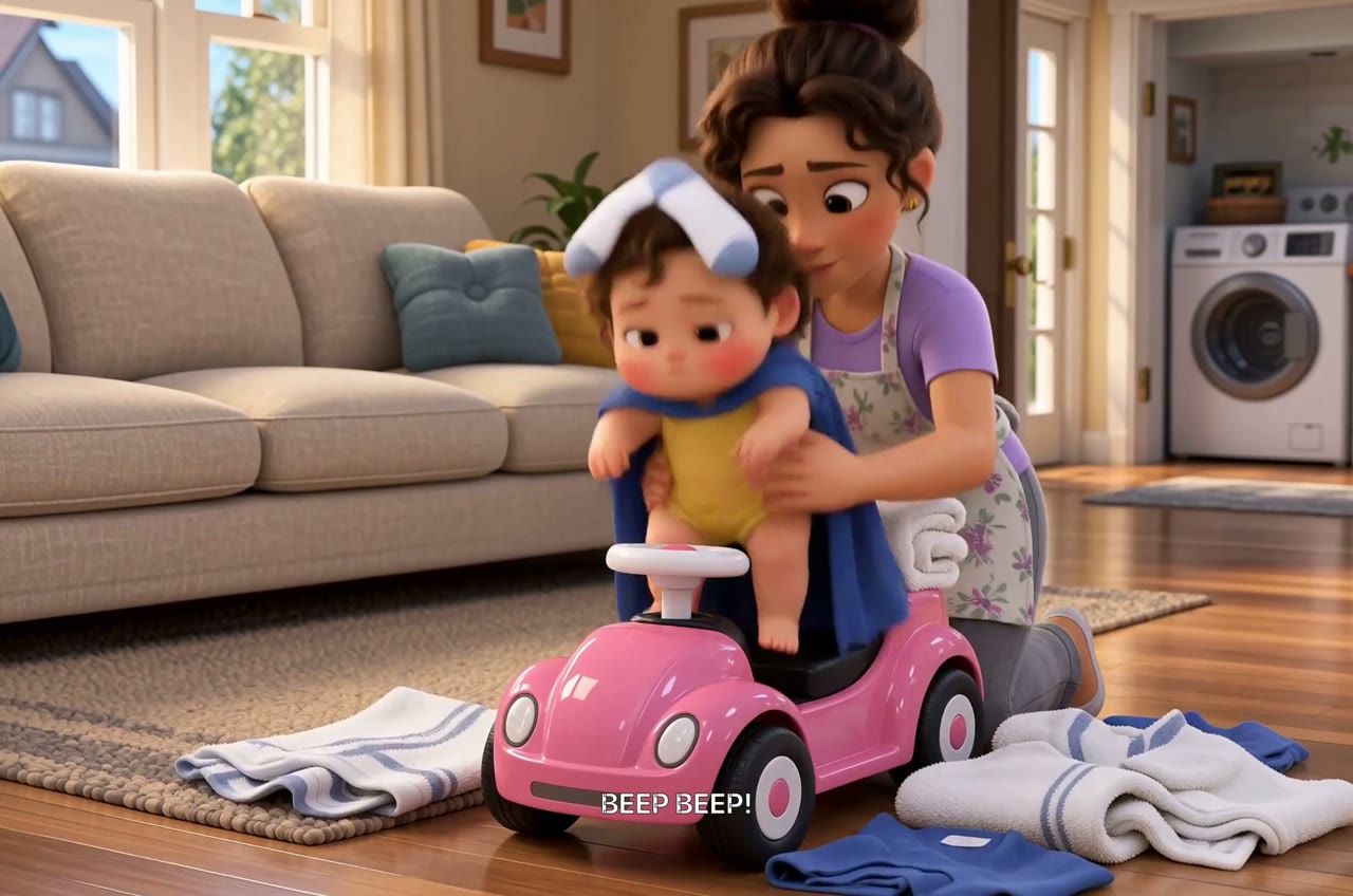 Bella's mother steadies her in a pink toy car beside a pile of laundry
