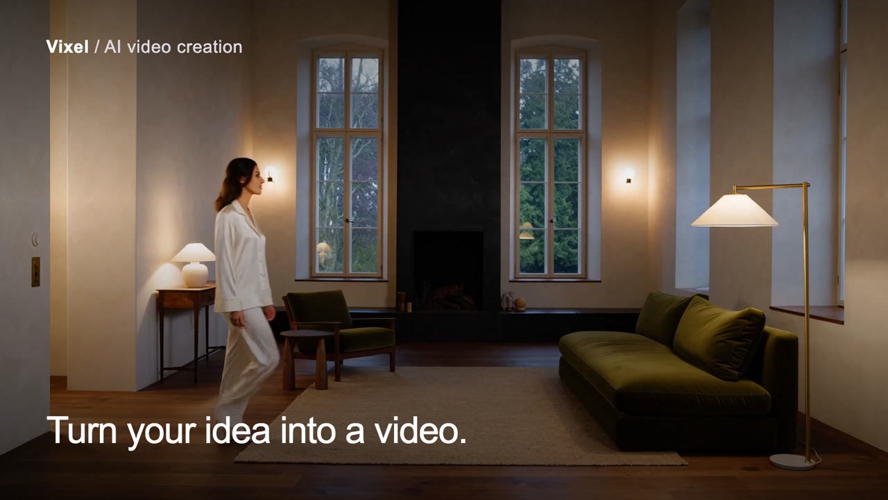 A woman enters a room lit by practical lamps