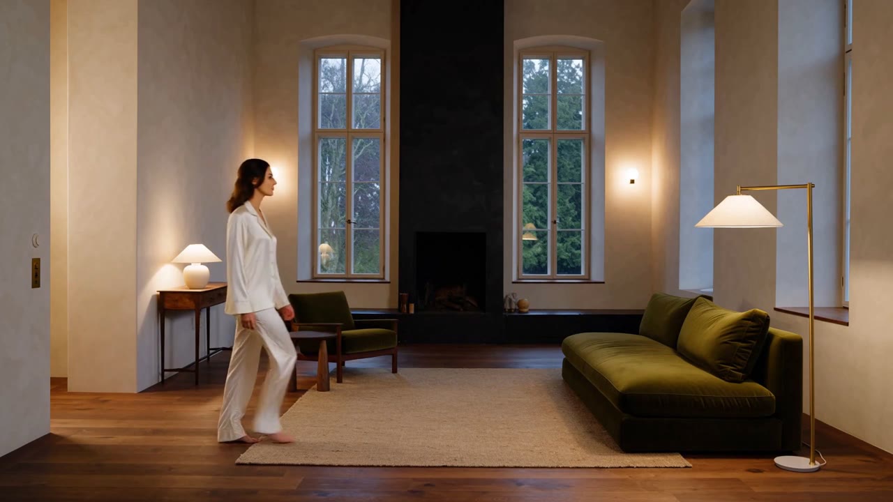 The room transitions from cool window light to warm lamps