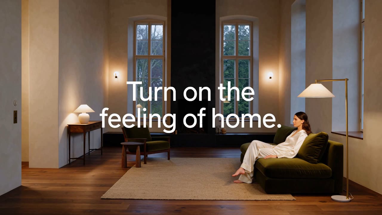 A woman relaxes on the sofa with the closing brand line