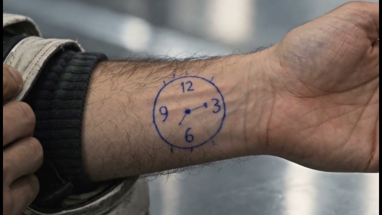 A clock face drawn on a person's wrist