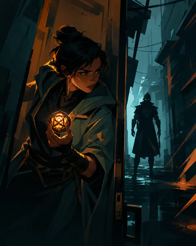 Hard-edge myth-tech chase storyboard — Hero Clue