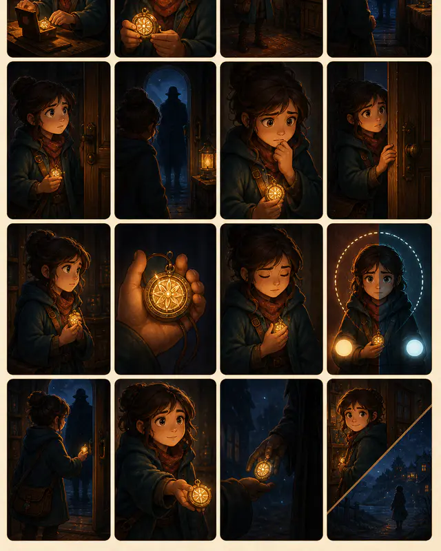 Sixteen-panel picturebook continuity sheet — Hero Clue